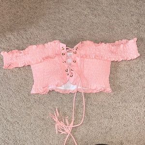 Pink off-the-shoulder bikini top